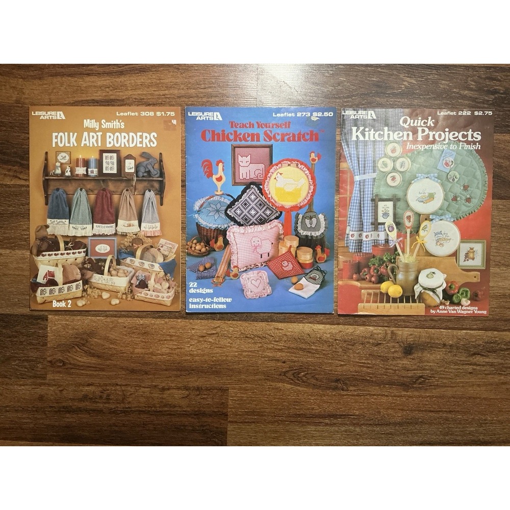 Lot of 3 1980 Vintage LEISURE ARTS Leaflets Cross Stitch Magazine Patterns